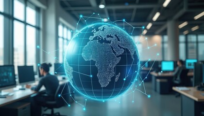 Digital globe with interconnected network lines, over business office scene. Global network connection, innovation in tech, communication around world. People work, data transfer.