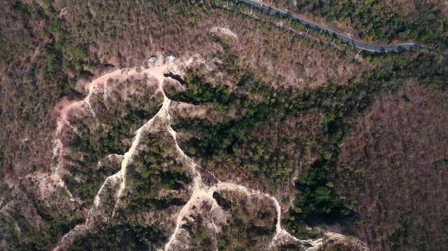 Aerial drone footage of Pai's landscape, from rugged canyon to rolling hills, patchwork farmland, and rural settlements under a vast blue sky, showcasing natural beauty and tranquil rural life