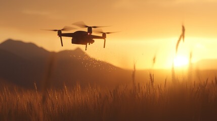 A drone flies over a field during a beautiful golden sunset