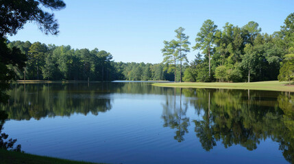 Fototapeta premium Tranquil lake reflecting lush green trees under a clear blue sky