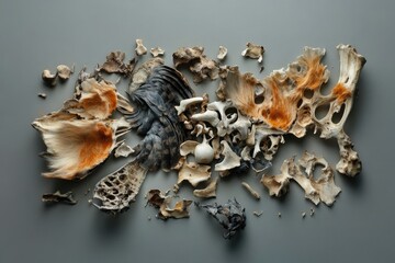 Obraz premium A scattered arrangement of animal bones and fur, possibly remnants of a deceased creature.