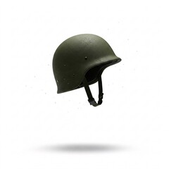 Olive green M1 military helmet with chin strap falling, isolated on white background.