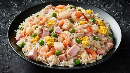 Yangzhou fried rice diced ham shrimp peas scrambled eggs served deep plate over black textured background signature fried rice dish Jiangsu province China cut out on isolated transparent background