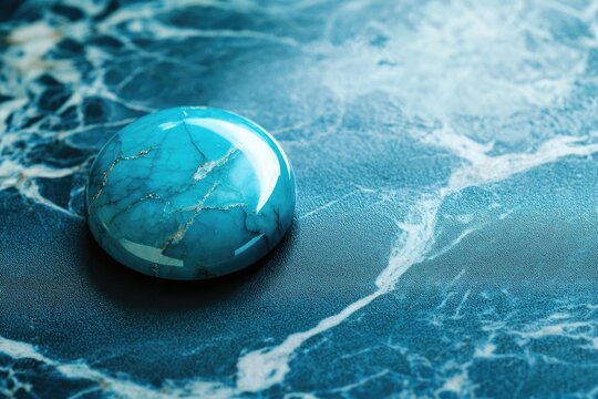 A polished turquoise cabochon rests on a dark blue marble surface, showcasing its vibrant color and intricate veining.