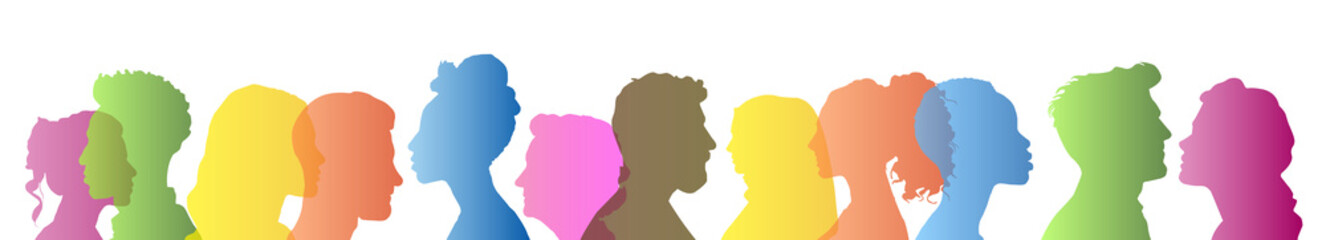 Bunte Silhouetten von Köpfen, junge und alte Menschen,  verschiedene Typen
