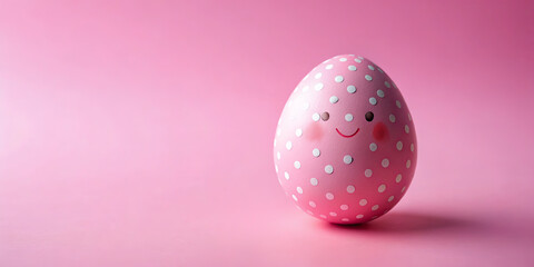 A decorated pink egg with white polka dots and a cheerful smile stands on a pastel pink surface, creating a whimsical and festive atmosphere perfect for celebrations