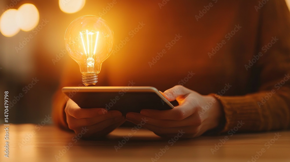 Poster A glowing lightbulb hovering above a handheld device