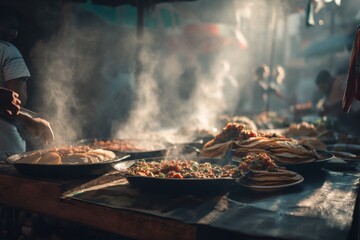 The vibrant street food scene with fresh dishes steaming and inviting customers to eat.