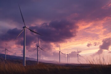 Obraz premium A breathtaking sunset illuminates the wind turbines, symbolizing a future of green energy.