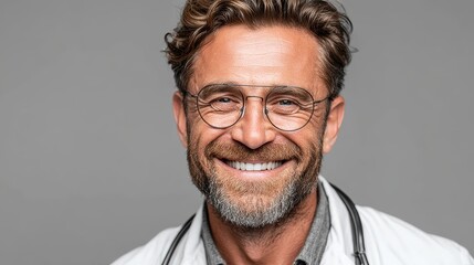 Obraz premium Close-up of a doctor in a white coat with glasses, beaming with a friendly smile, isolated on background