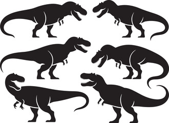 Six Black Silhouettes of Tyrannosaurus Rex Dinosaurs in Different Poses