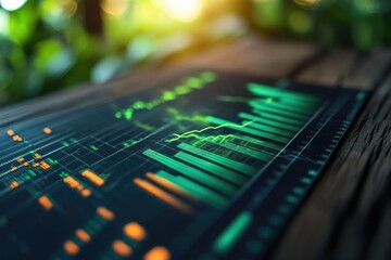 A close-up shot of a financial data screen displaying vibrant green and orange stock market charts.