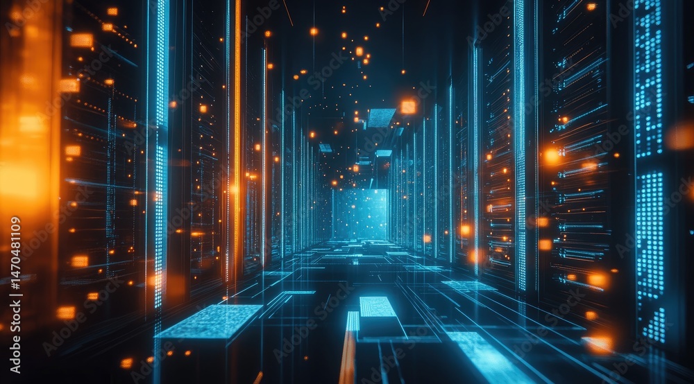Aufkleber futuristic digital data center corridor with glowing blue and orange lights, suitable for ai, cloud 