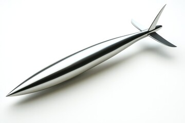 Sleek, metallic projectile with pointed nose and stabilizing fins, possibly a model or concept design.