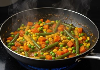 Stir frying mixed vegetables in a pan on a gas stove with steam