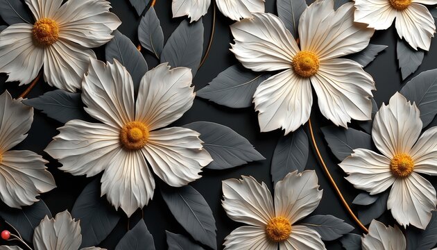 AI generated floral design with 3d digital wall tiles. White, gold flowers with grey leaves against black background. Perfect for modern home decor, textile prints or wallpaper.