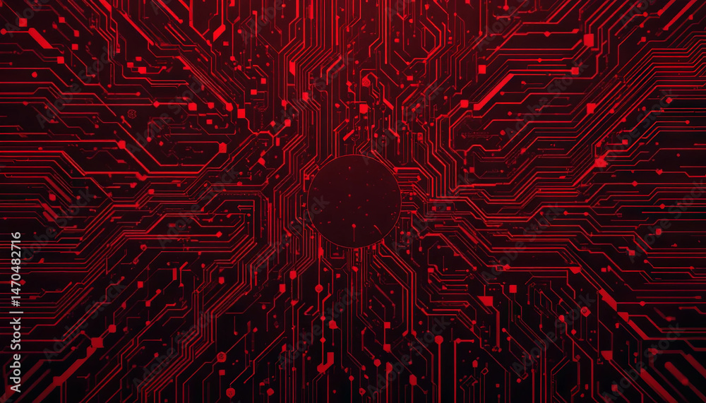 Poster a complex network of red circuit patterns spreads across a dark background, creating a striking visu