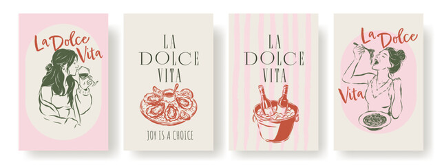 Naklejka premium Italian food and wine poster set. Woman drinking, pasta, oysters, bottles on ice. Mediterranean vintage sketch in pastel colors. Dolce vita summer mood, hand drawn illustration collection