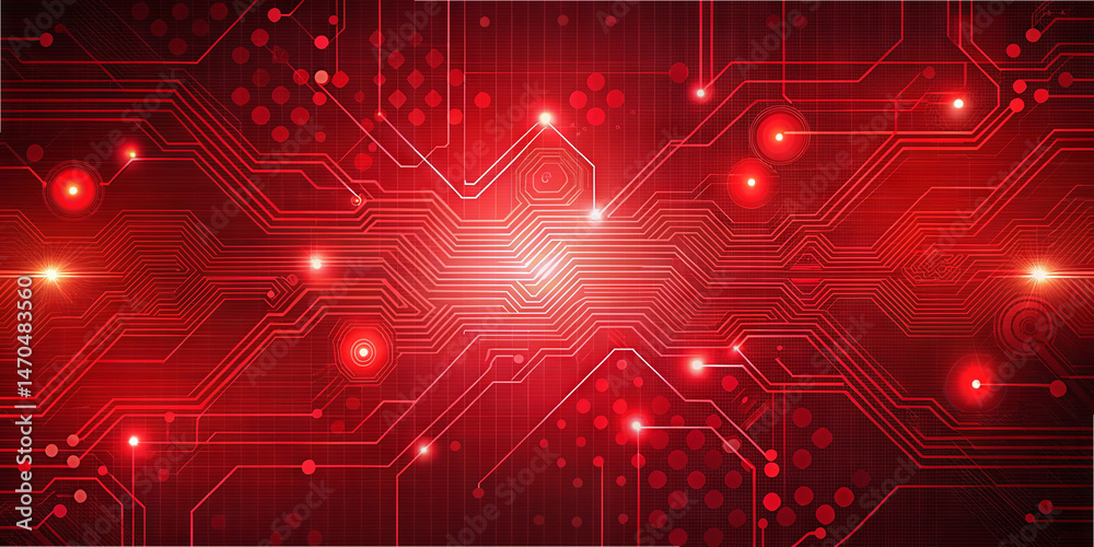 Poster bright red circuit board design featuring detailed patterns, glowing nodes, and lines connecting var