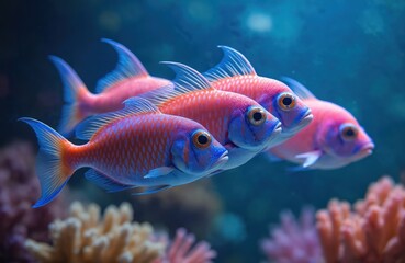 Fototapeta premium Colorful chromis fish swim in unison near coral reef. Aquatic animals display vibrant colors underwater. Marine wildlife scene, diverse fauna, undersea life, coral reef, aquatic ecosystem, deep ocean