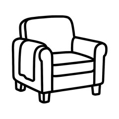 Black and white illustration of an armchair with a blanket, minimalist cozy furniture icon