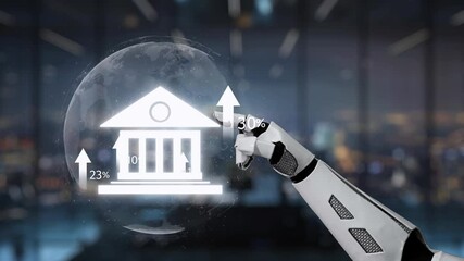 A futuristic robot hand interacts with a digital interface showcasing growth metrics and a bank icon within a modern financial environment, symbolizing innovation. Auvana - Powered by Adobe