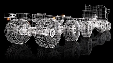 A wireframe of a tractor trailer truck is reflected on a surface.