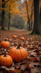 Orange Pumpkins Rest Along a Leaf-Strewn Pathway in a Serene Forest Setting During a Misty Autumn Day