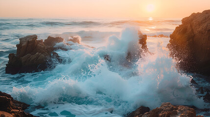 Ocean waves crashing against rocky shore at sunset creating a beautiful scenic landscape view