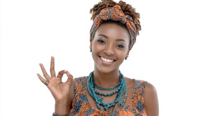 A confident African woman flashing an ok sign with a bright smile, isolated on a white background