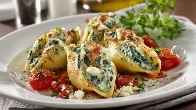A tempting image featuring stuffed pasta shells with spinach, cheese, and tomato sauce on a plate.