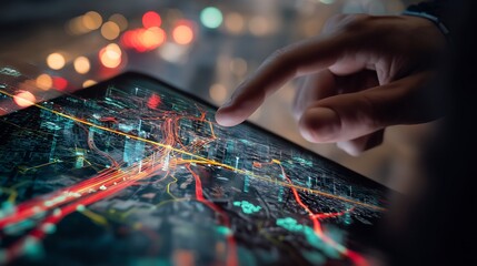 Smart city engineer hand adjusting real time urban traffic flow using AI dashboard tablet floating holographic city grid of congestion map AI reroute suggestion glowing red green bright operation