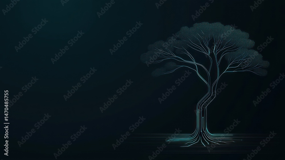 Poster a futuristic tree illustration uses circuit board technology concepts