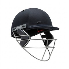 Fototapeta premium Black cricket helmet with metal faceguard falling, isolated on white background.