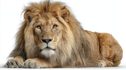 Obraz premium A majestic male lion lying calmly, showcasing strength and serenity, isolated on a white background