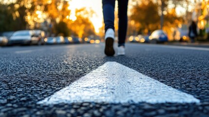 Person Walking on Road with Arrow Marking in Evening Light