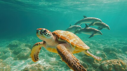 Obraz premium Sea turtle and dolphins swimming in the clear ocean