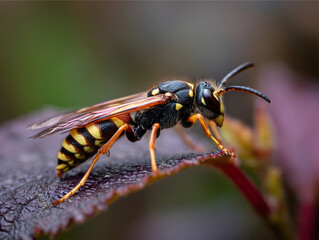Bright yellow and black wasp perched on a leaf in a natural setting during daylight hours
