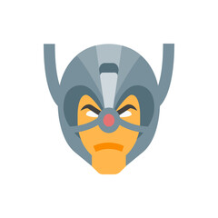 Illustration of a superhero face with a grey helmet and an angry expression with a red nose piece