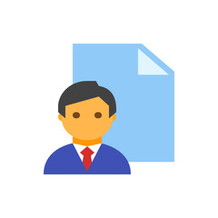 Illustration of a man in a suit with a red tie standing in front of a light blue document icon image