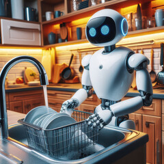 Robot doing dishes in a modern kitchen while water flows from the faucet during a bright afternoon