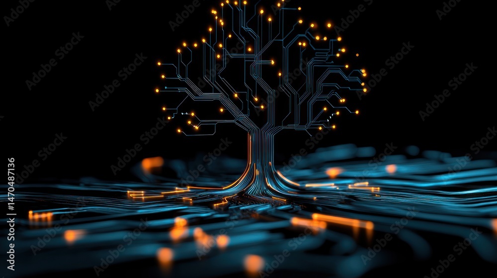 Poster a futuristic depiction of a tree composed of digital circuitry
