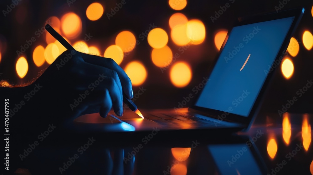 Poster person writing on laptop keyboard in a low light setting