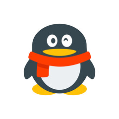 Illustration of a cartoon penguin with a red scarf and yellow feet standing on a white background plain view