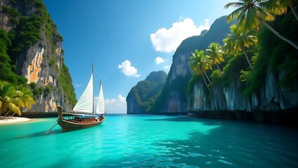 Obraz premium A scenic tropical beach with turquoise waters, towering limestone cliffs, palm trees, and a traditional long-tail boat, wide angle