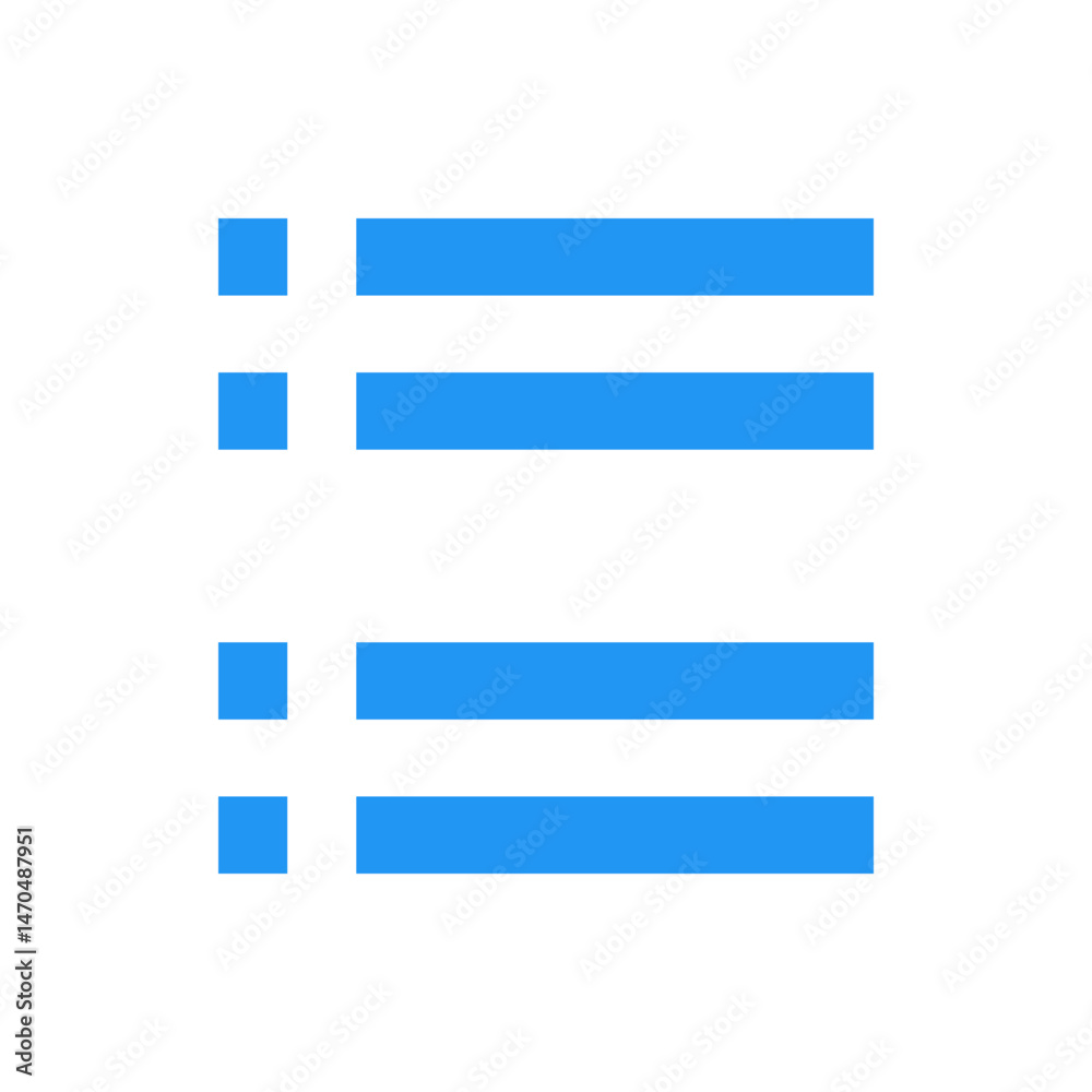 Poster blue list icon showing a menu or options with four lines and four squares on a white background imag