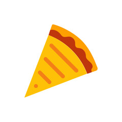 Illustration of a triangular slice of pizza with yellow crust and brown toppings on a white background