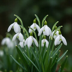 Blooming snowdrops with green leaves on a blurred dark background.