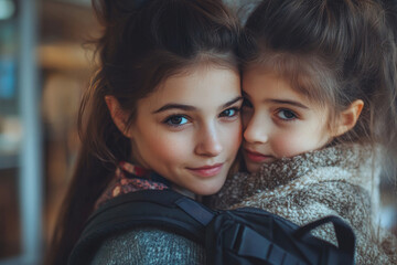 child mother family education school girl home daughter backpack help parent getting ready elementary teen morning hug love helping together black