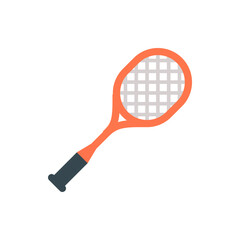 An orange badminton racket with a black handle is displayed on a white background in a simple illustration